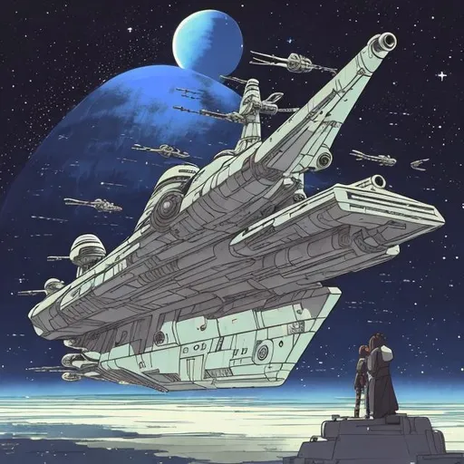 Prompt: a star wars ship with a pilot standing in front of it in studio ghibli style