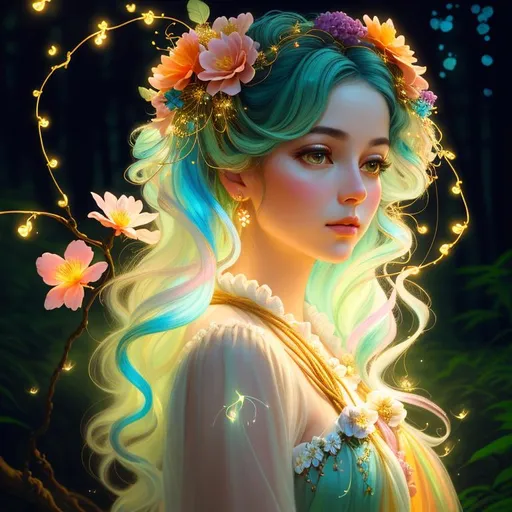 Prompt: front view painting of a beautiful girl, style of fragonard and Yoshitaka Amano (pastel hair with flowers, messy), ropes, ((forest background)), bioluminescent, (wearing intricate clothes), delicate, soft, fireflies, ethereal, luminous, glowing, dark contrast, celestial, ribbons, trails of light, 3D lighting, soft light, vaporwave