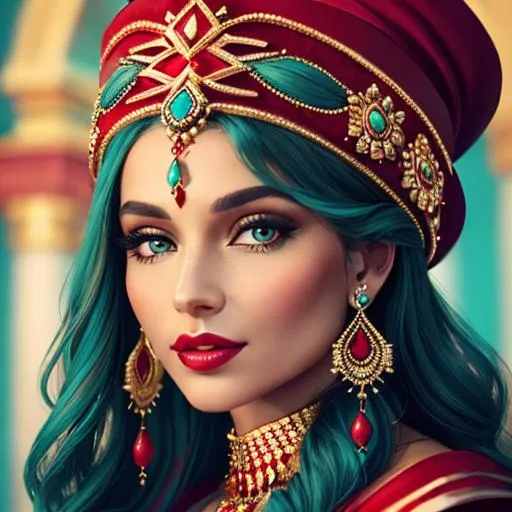 Prompt: Beautiful ethereal woman. color scheme of tuquoise and red., wearing turquoise and gold jewlery, wearing a red hat, facial closeup