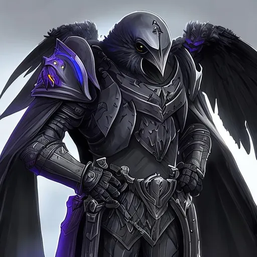 Prompt: a raven with a black knight suit