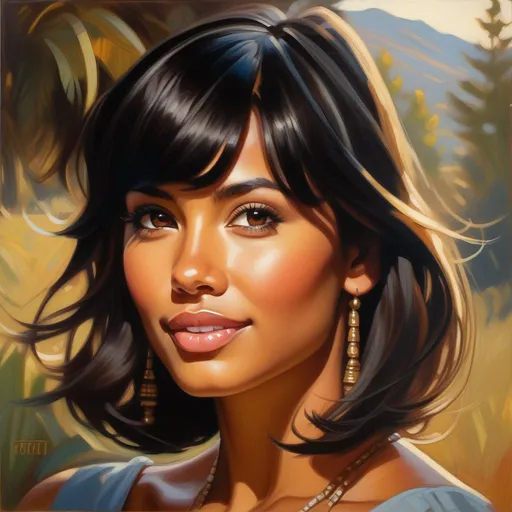 Prompt: Facial portrait of a young woman, tan skin, black hair, bangs, dark brown eyes, cartoony style, extremely detailed painting by Greg Rutkowski and by Henry Justice Ford and by Steve Henderson 
