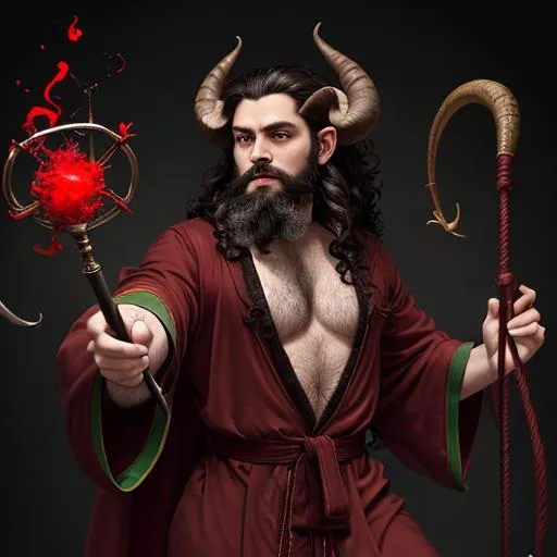 Prompt: Satyr with dark hair, beard and curly horns, wearing red and green robes, a black laced shirt,  wielding a pendulum 