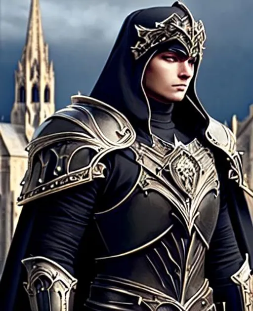 Prompt: Gothic Art Style, Cathedral Background, Armor, Man, hero, realistic, Character Concept, 