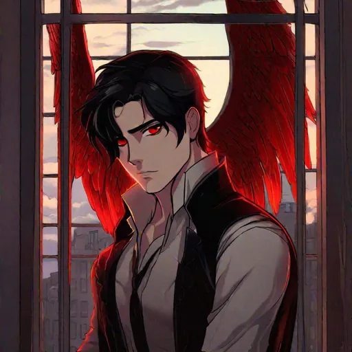 Prompt: Damien  (male, short black hair, red eyes) staring out the window, fallen angel
