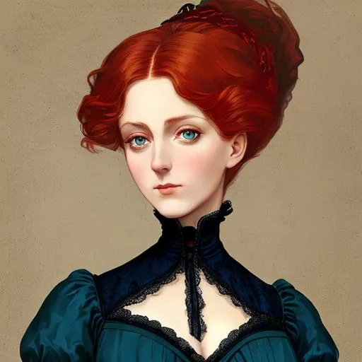 Prompt: portrait of a beautiful Victorian woman with red hair and light green eyes wearing a dark blue gown