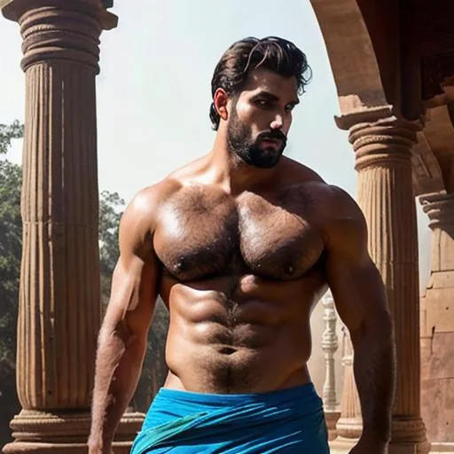 Prompt: scene of full sweaty body hyperreal tall "sensual" hunk with beautiful face, delhi, very wide hairy pecs, "dhoti", sleeveless, arena, perfect composition, hyperrealistic, super detailed, 8k, high quality, trending art, trending on artstation, sharp focus, studio photo, intricate details, highly detailed, by greg rutkowski