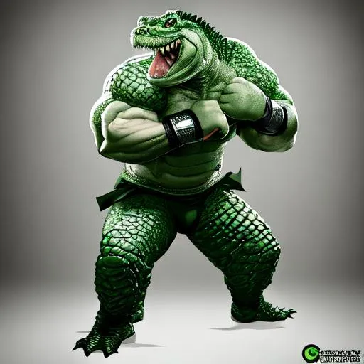 Prompt: brock lesnar green crocodile hybridisation full body portrait standing pose for fighting wearing mma gloves