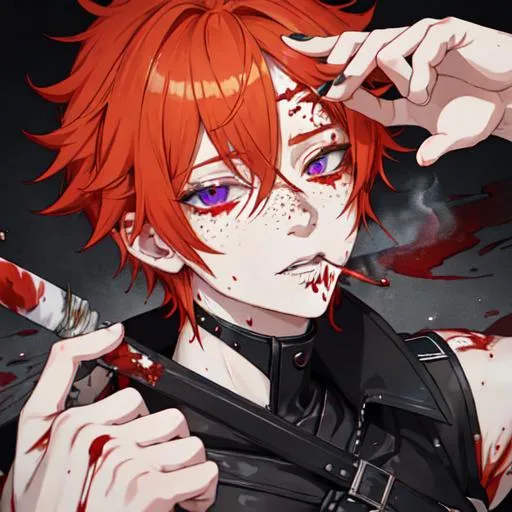 Prompt: Erikku male adult (short ginger hair, freckles, right eye blue left eye purple)  UHD, 8K, insane detail anime style, covered in blood, psychotic, covering his face with his hands, face covered in blood and cuts, blood highly detailed, smoking a cigarette