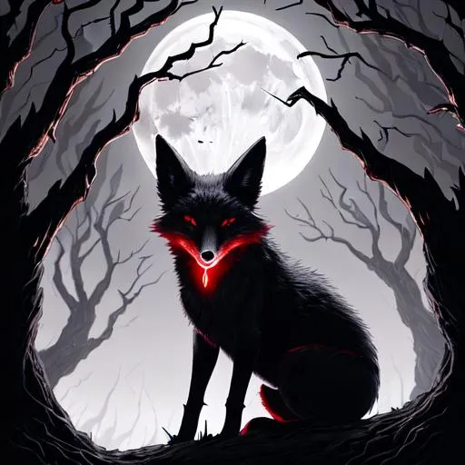 Prompt: evil fox with glowing red eyes standing on a moonlit hill surrounded by twisted, gnarled trees. The fox has sharp, menacing teeth and a sleek, black fur. The moonlight casts an eerie glow on the scene, emphasizing the fox's wicked demeanor. The image should have a dark, sinister atmosphere with a touch of mysticism. (dark fantasy:1.2) (moonlight:1.1) (sinister:1.1) (ominous:1.1) (nocturnal:1.1) (haunting:1.1)