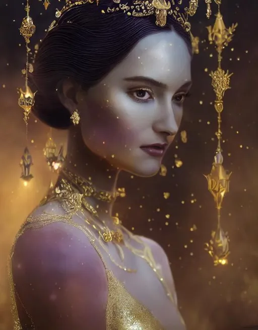 Prompt: a close up portrait of An intergalactic beautiful empress, beautiful symmetrical face, silky gradient red hair hair, golden eyes, wearing a exquisite sculptural gown, delicate intricate details, shimmer, glow. Art by  Victo Ngai, Sherry Akrami,   Nicoletta Ceccoli, Anna Dittman, Lucie Bilodeau, Laura Diehl, Paul Delaroche, highly detailed, sharp focus, ethereal, fantastic view, dreamy, Epic, celestial, sparkling, glossy, light emitting,  inner light.