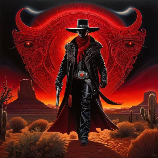 Prompt: "Cyber Cowboy with 4 Arms, fiery red Poncho, Dressed in black duster and Stetson Cowboy Hat, with Red eyes, Haunting Presence, Intricately Detailed, Hyperdetailed, Desert Wild West Landscape, Dusty Midnight Lighting, Wild West Feel,