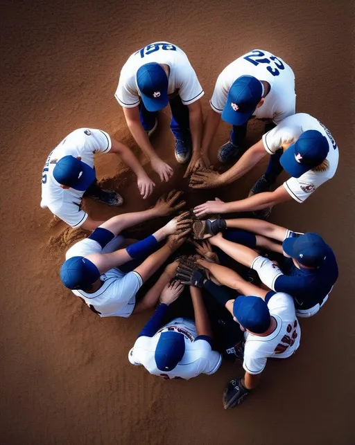 Prompt: An overhead shot of a baseball team huddled together on a dusty diamond bathed in evening golden light, their uniforms dirty and sweat-stained from a long game. Shot with a drone-mounted Sony A7R III camera and 24mm prime lens. They have their arms around each other and are smiling, reveling in the camaraderie. The mood is triumphant, gritty, and full of heart.