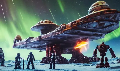 Prompt: huge old rusty spaceship getting repaired  by robots ice planet sparks fire welding people working aurora many colours   guard drinking milk enhance detail turret on spaceship real 