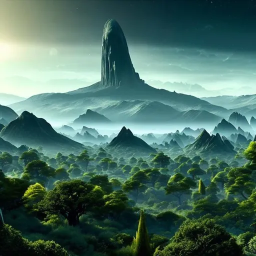 Prompt: A beautiful vista of a breathtaking, alien world, with a small town of short buildings and alien trees, in the style of Star Trek.