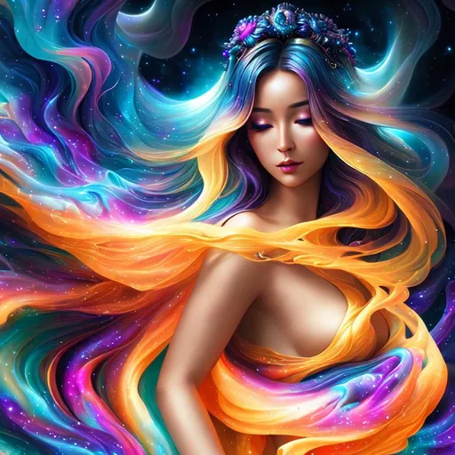Prompt: Cosmic Epic Beautiful Nebula (Beautiful melancholy {goddess}female liquid satin}), hyper realistic, expansive psychedelic background, hyper realistic, 8K --s99500