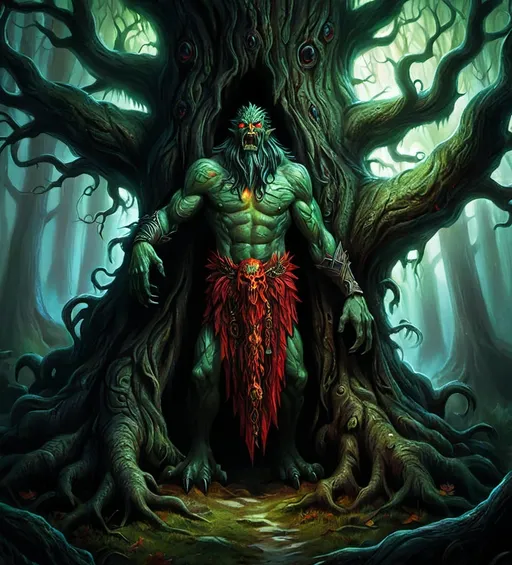 Prompt: Warhammer fantasy RPG style tree monster, highly detailed illustration, detailed face, painful expression, oil painting, dark and ominous atmosphere, intricate bark textures, haunting red and green hues, mystical forest setting, piercing glowing eyes, ancient and weathered appearance, best quality, highly detailed, oil painting, fantasy, dark atmosphere, intricate textures, mystical forest, glowing eyes, ancient appearance, haunting colors, professional, dramatic lighting