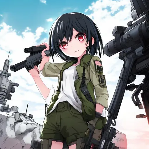 Prompt: Life like, anime style, girl, military attire, machine gun, skinny, small, space headquarter