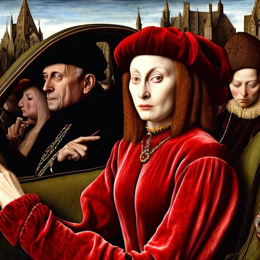 Prompt: Agnes Sorel driving a sportscar, dressed in velvet and brocate, oil painting, 15th century, realistic, in the style of van Eyck