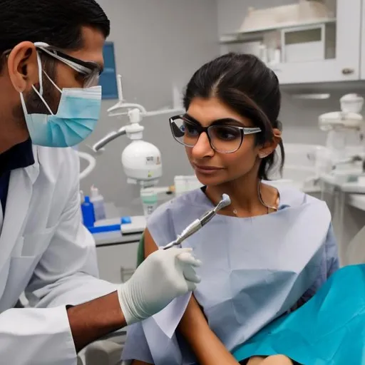 Prompt: Mia khalifa as a dentist extract a tooth for a patient 
