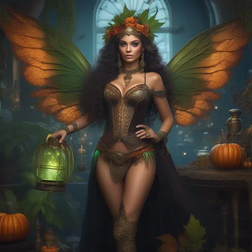Prompt: Full body in shot. Epic. ((Ultra-detailed depiction)). (Beautiful and aesthetic:1.2). (Halloween night). She's a {{colorful}}. Steam punk, Belly dancer Witch. A ((spectacular)) ((intricate}), winged. Cannabis fairy, with {{{{anatomically real hands}}}} A (very beautiful),  buxom,  shapely woman)). (((colorful))) (((extremely ((bright)) eyes}}}. (((best quality))). ((ultra detailed)), ((absurdres)), Epic. (Enscape render). {She is wearing a skimpy (((colorful)))  ((gossamer)) flowing outfit}. (sharply focused). Artstation. 