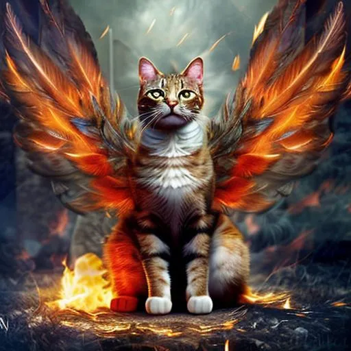Prompt: Photograph, a cat with bird wings and feathers, with fire feathers, more fire, larger wings