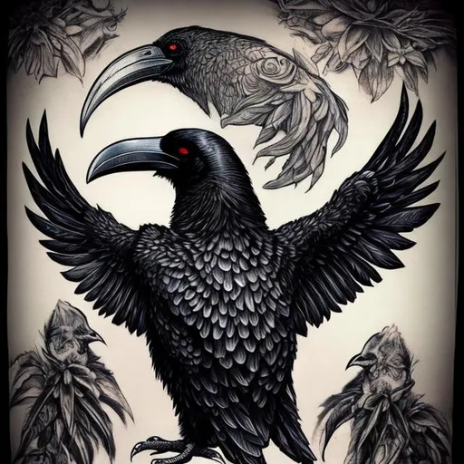 Prompt: giant raven bird full back tattoo