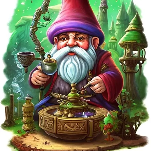 Prompt: A gnome smoking weed out of a large hookah in a fantasy shire