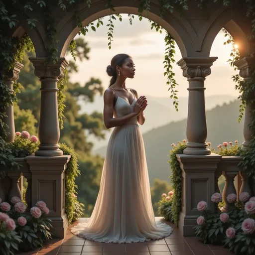 Prompt: Bathed in soft, ethereal light, a young woman stands poised between elegantly carved stone pillars adorned with lush greenery and blooming roses. Dressed in a flowing white gown that cascades to the ground, she gazes thoughtfully into the distance with her hands delicately clasped in front of her, evoking a sense of serenity and introspection. The background reveals a tranquil landscape with gentle hills and a serene body of water, hinting at dawn or dusk when the world is cloaked in a soft, golden glow. The scene radiates a dreamlike quality, enhanced by the delicate color palette of pastels and the soothing interplay of light and shadow, inviting contemplation and conveying a mood of peace and beauty.
