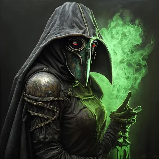 Prompt: pestilence as female goddess with a greenish plague doctor mask
realistic dark oil painting, 8k, many details