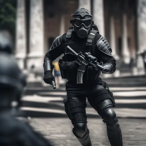 Prompt: a modern roman military male in black military roman armor, and gas mask, attacking Rio de Janeiro, Brazil, sharp focus, Professional, UHD, HDR, 8K, Render, electronic, dramatic, vivid, pressure, stress, traumatic, dark.