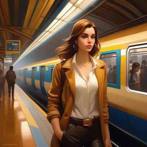 Prompt: Third person, gameplay, Brazilian girl, pale skin, light brown hair, brown eyes, 2020s, smartphone, São Paulo subway station, foggy, golden atmosphere, cartoony style, extremely detailed painting by Greg Rutkowski and by Henry Justice Ford and by Steve Henderson 