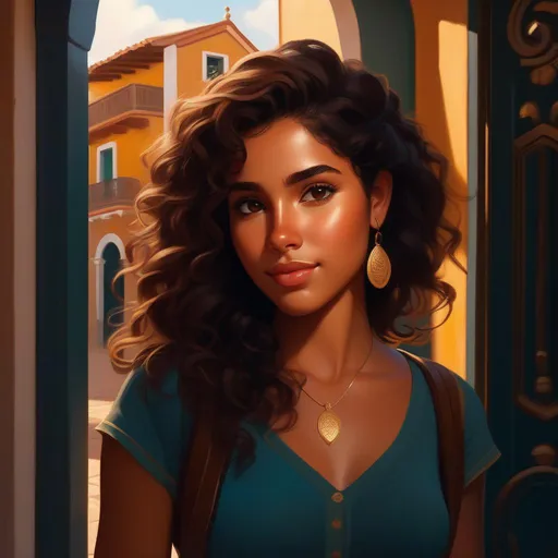 Prompt: Third person, gameplay, Dominican girl, tan skin, curly brown hair, brown eyes, 2020s, smartphone, Santo Domingo, golden atmosphere, cartoony style, extremely detailed painting by Greg Rutkowski and by Henry Justice Ford and by Steve Henderson 
