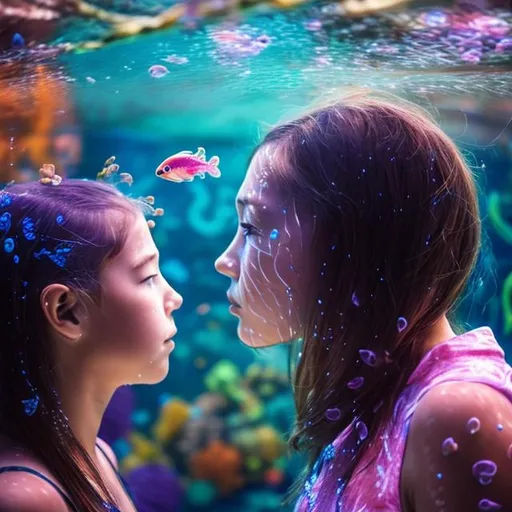 Prompt: woman facing girl side profile underwater with glowing fish all around