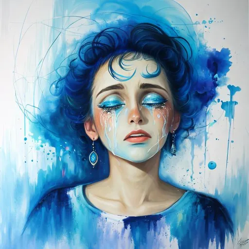 Prompt: Woman awestruck crying abstract blue 