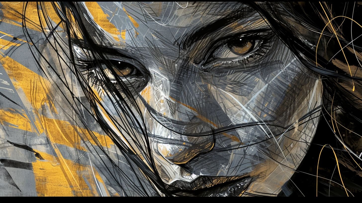 Prompt: Full-frame photo of a woman's face depicted in noir comic art style, with light silver and gold highlights, drawing inspiration from chicano art.