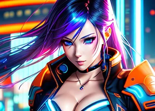 Cyberpunk anime girl with glowing eyes, dark orange, black, dark teal, pale  orange, teal