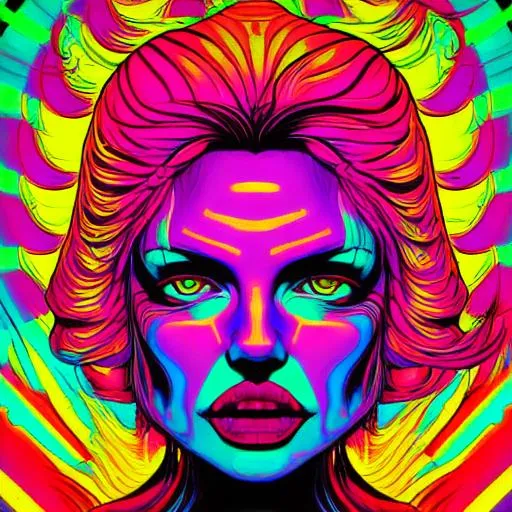Prompt: Hypnotic illustration of Pamela anderson, hypnotic psychedelic art by Dan Mumford, pop surrealism, dark glow neon paint, mystical, Behance