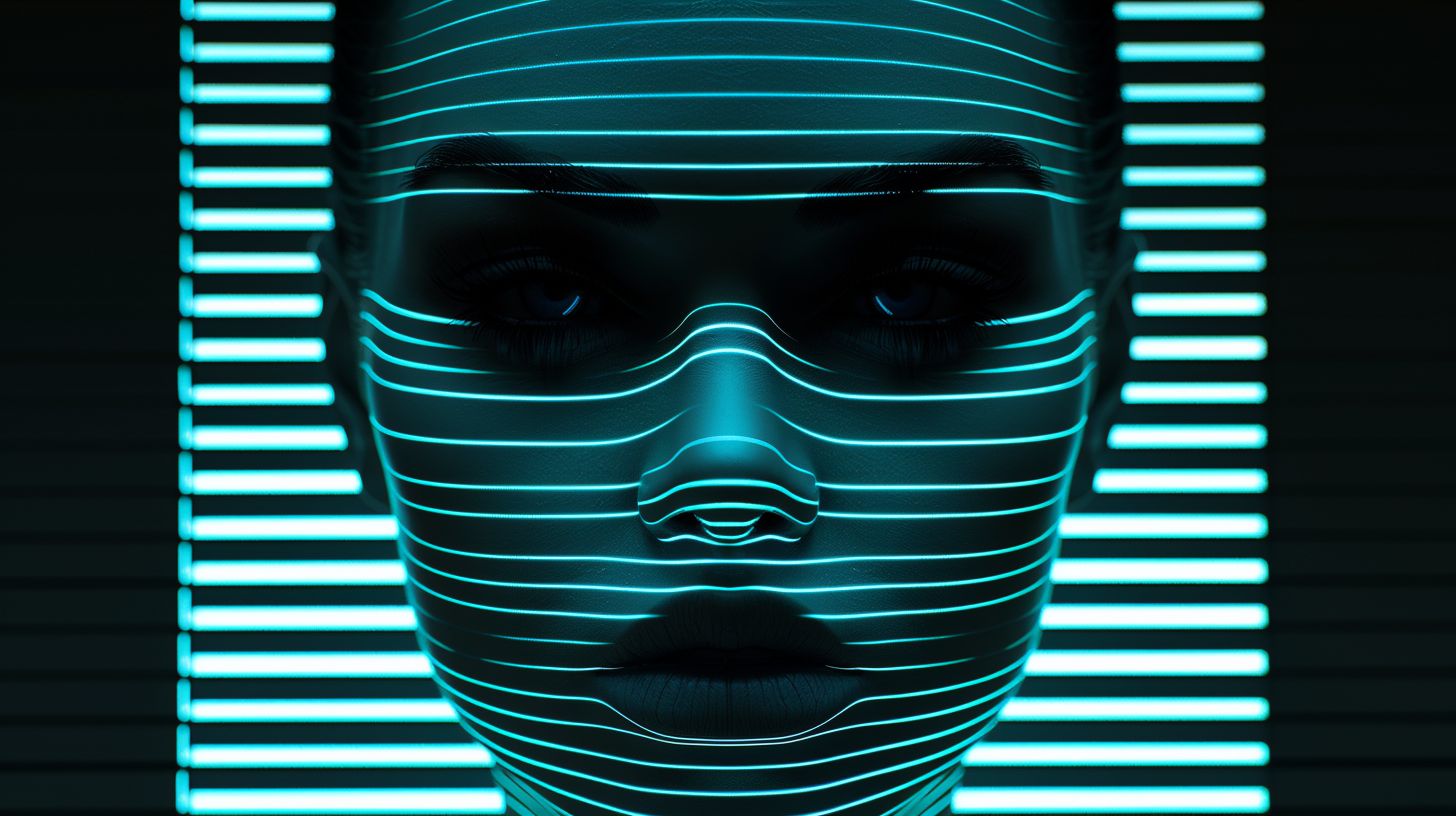 Prompt: person, face with lines, hologram, unsplash, abstract, light through blinds, profile image, the ghosts in the machine, three-dimensional, op, brain, high resolution, shadowed, light silver and dark navy, mind-bending patterns, futuristic robots