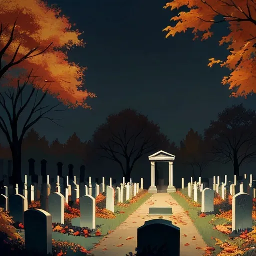 Prompt: draw a fall cemetery, dark toned, dead