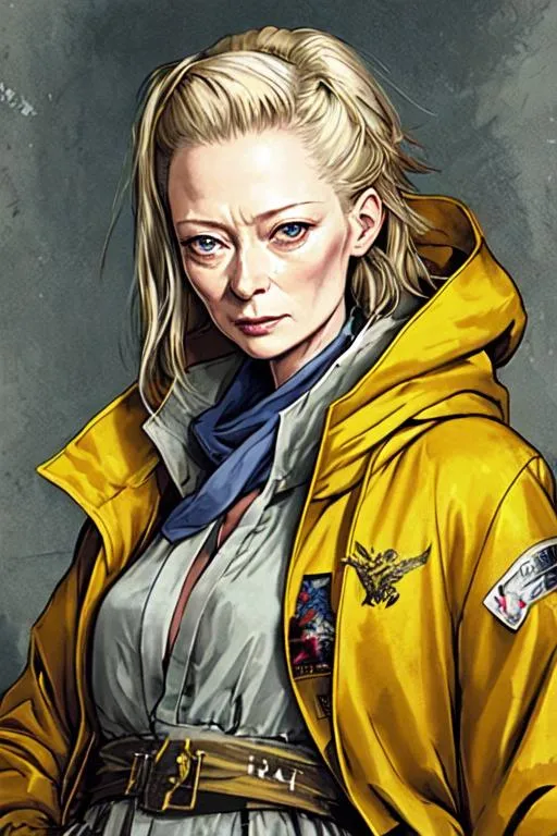 Prompt: (((Yoji Shinkawa))), sticker of ultra detailed portrait of Tilda Swinton, 67 years old, in yellow hooded magic robe. high quality cell shaded illustration in post apocalyptic style by Yoji Shinkawa, ((full body)), dynamic pose, perfect anatomy, castle setting, magician, centered, freedom, soul, grey and blonde short hair, approach to perfection, cell shading, 4k , cinematic dramatic atmosphere, watercolor painting, global illumination, detailed and intricate environment, artstation, concept art, fluid and sharp focus, volumetric lighting, cinematic lighting, Art by Yoji Shinkawa,