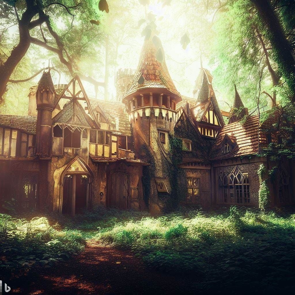 Prompt: gorgeous abandoned medieval mansion in a fairytale forest