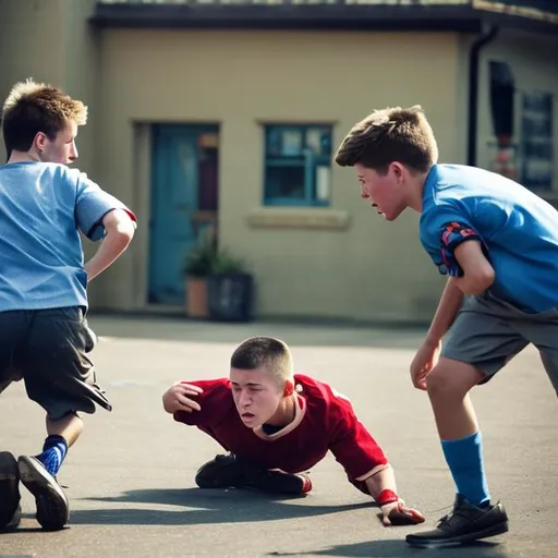 Prompt: boy being tripped by bully