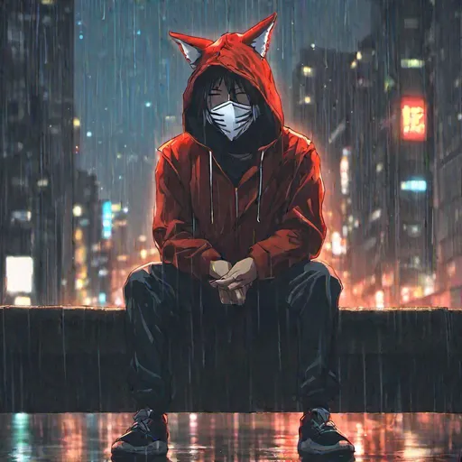 Prompt: A man in a hoodie with a kitsune mask on sitting on a ledge at night in the rain