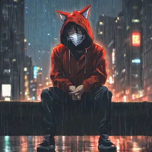 A man in a hoodie with a kitsune mask on sitting on...