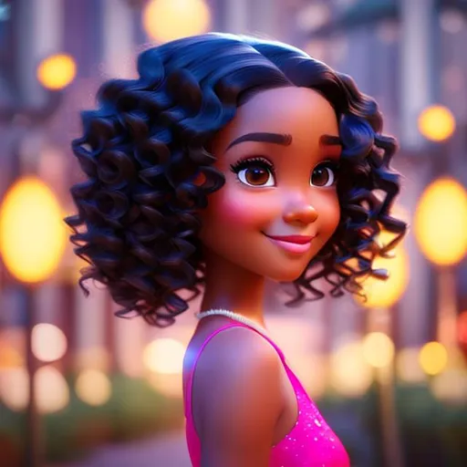 Prompt: Disney, Pixar art style, CGI, girl with  light dark skin, dark eyes, long black curly hair, very pretty, solemn expression, her hair line is centered and she looks directly at us