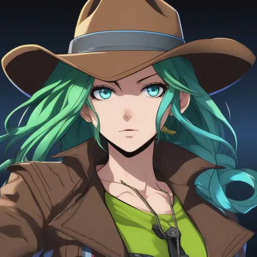 Prompt: She has a long, distinctive neon-green that fades to neon-blue hair in a ponytail, green and blue heterochromia eyes left eye green, right eye blue, wearing a long brown coat, grey vest, denim pants, black cowboy boots, holding a pistol, wearing a brown sheriff's cowboy hat, 8k, UHD, heavily detailed, anime style
