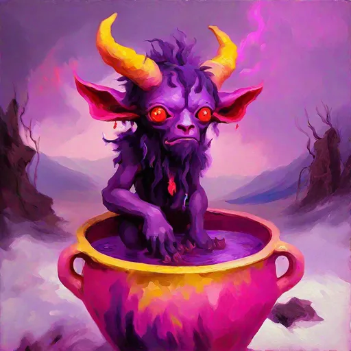 Prompt: Bipedal creature resembling a dark purple Satyr, glowing red eyes, yellow cloud horns, inside a pink-purple pot, masterpiece, best quality, in winter oil painting style