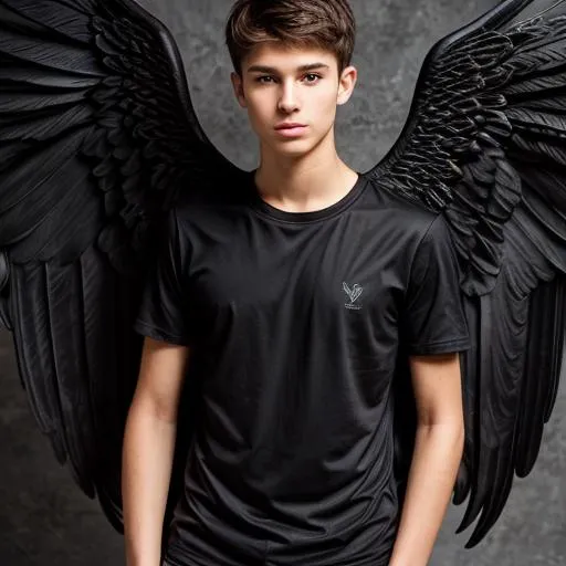 Prompt: 17 year old caucasian human male with black angel wings plain shirt on

