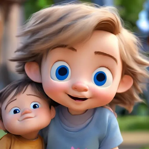 Prompt: A happy cartoon girl with blue eyes and golden hair is holding a little boy