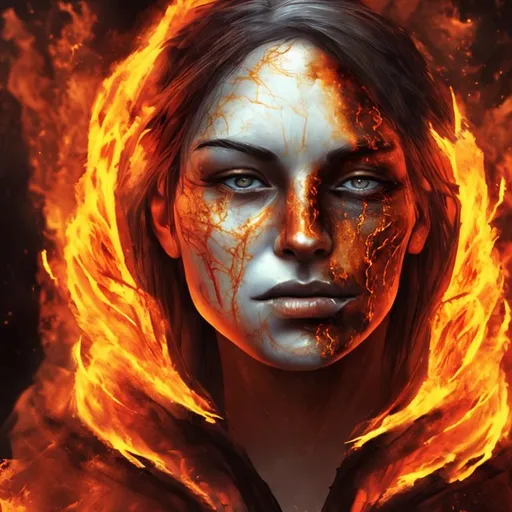 Prompt: Fire priestess, burn scar hurt on half of her face